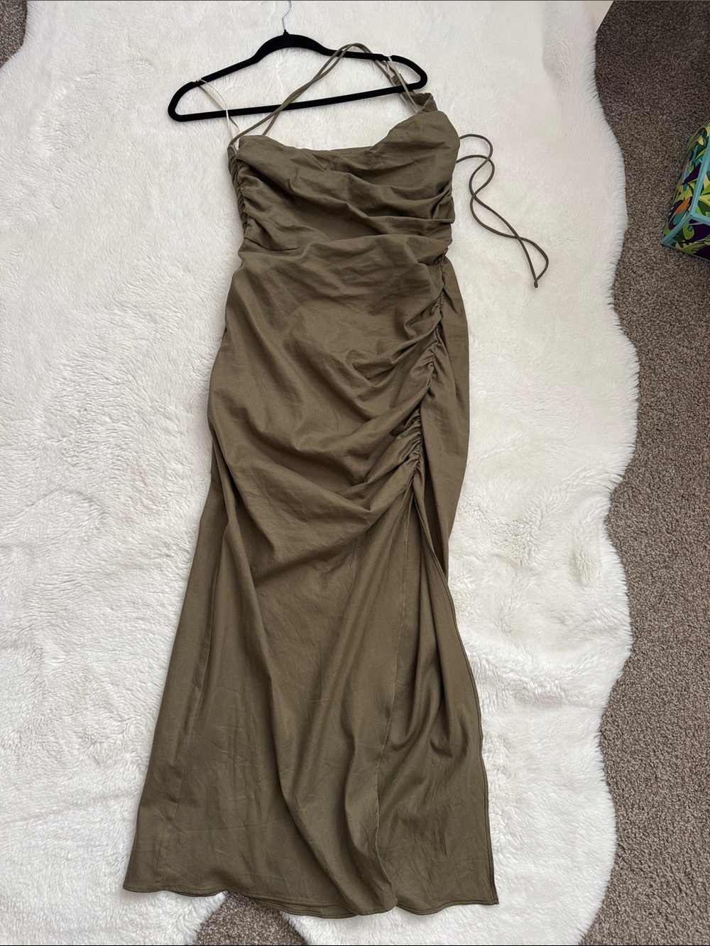 Zara Olive Green Ruched Maxi Slip Dress with Tie Straps